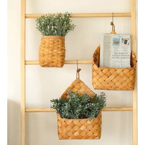 Fruit Flower Baskets Handmade Hanging Baskets for Home Kitchen Decor Woven Sundries Storage Organizer Wood Wall Flower Pot