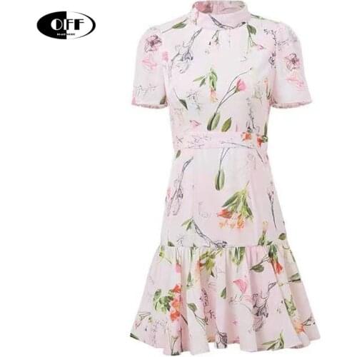 Summer Elegant Pink Mini Dresses For Women Flower Printed O-neck Slim Ruffles Sweet Party Beach Ladies Dress Clothes Vestidos ZA