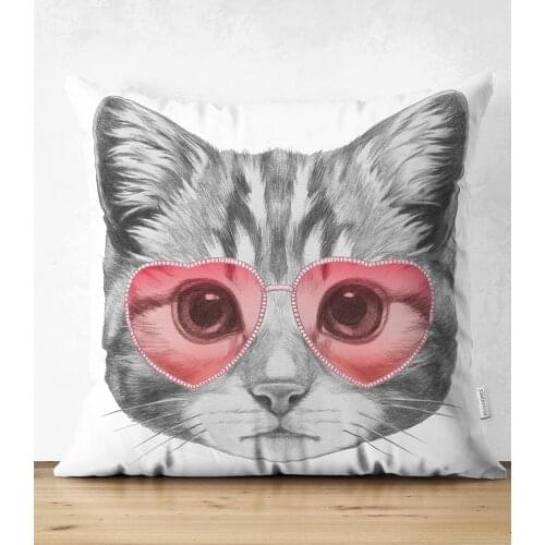 YENİ MODEL Pembe Gözlüklü Dijital Baskılı Modern Çift Taraflı Süet Yastık Kırlent Kılıfı Suet