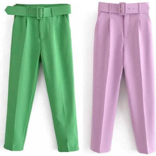 New Womens High Waist Casual Suit Pants With Belt Suit Pants Woman Office Ladies Ankle-Length Pants