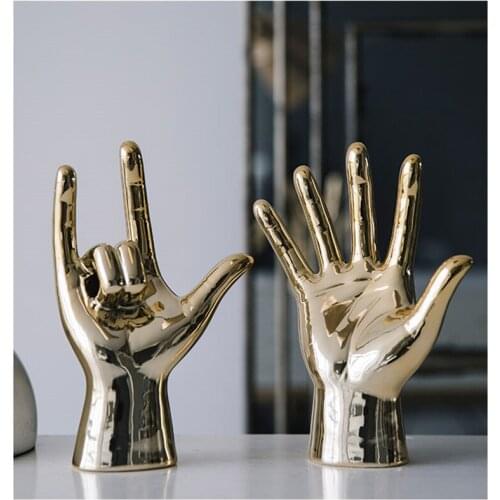 NORDIC CREATIVE GOLD PLATING FINGER ART SCULPTURE ABSTRACT GESTURE STATUE CERAMICS CRAFTS LIVING ROOM DECORATIONS FOR HOME R3519