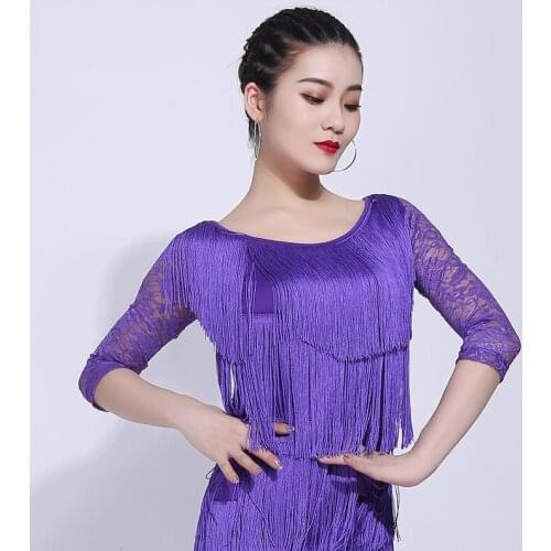 Latin Dance Top Three-Layer Tassel Stitching Lace Sleeves Salsa Tango Cha Cha Rumba Samba Dancing Performance Clothes DNV11902
