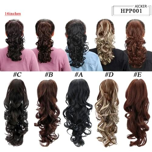 AICKER 16" Claw Clip In Ponytail Hair Extensions Brown Black Synthetic Long Curly Jaw Pony Tail Extension Hairpiece for Women