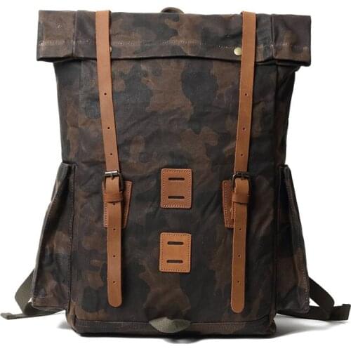 VZVA Camouflage Backpack for Men Tactical Backpack 20l Retro Waxed Canvas Backpack Travel Roll Top Rucksack Bags
