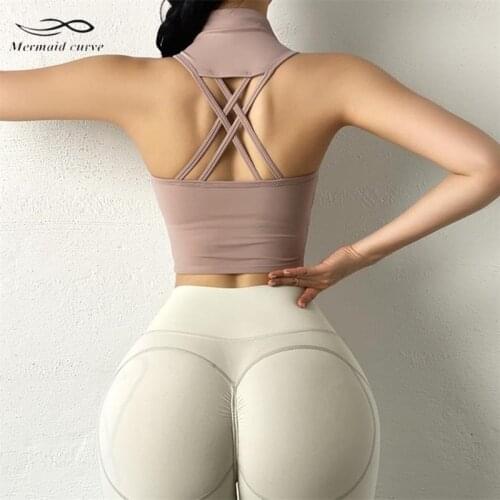 Mermaid Curve Removable Chest Pad Women Yoga Vest Cross Hollow Shockproof Running Vest High Collar Letter Training Tight Top