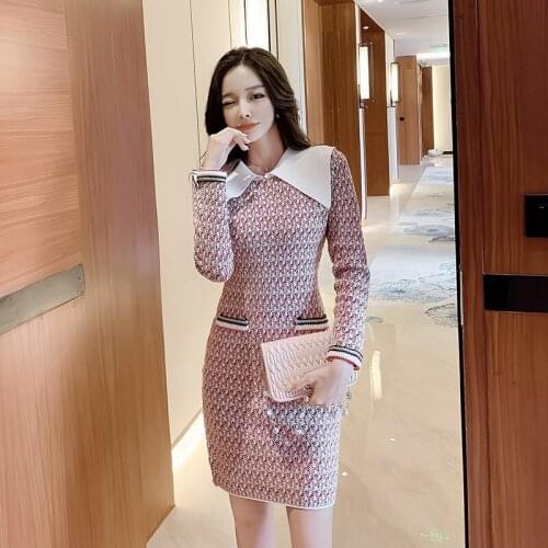 Elegant Korean Autumn Work Dress Women Patchwork Long Sleeve Bodycon Wrap Mini Dress Ladies Slim Knitting Dress Woman Vestidos