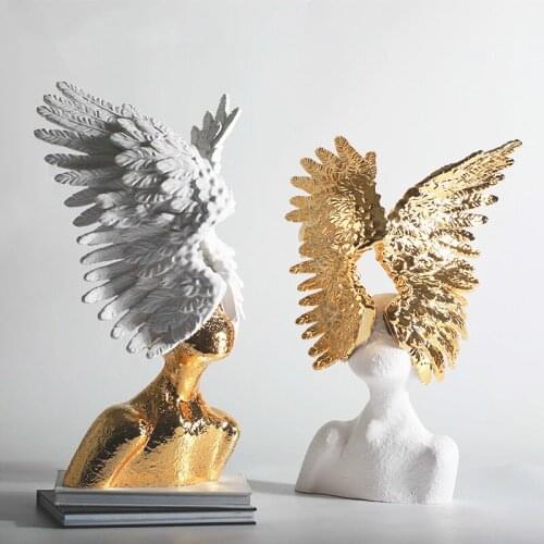 55cm Modern Creative Art Portrait Sculpture Resin Decoration Home Living Room Desktop Golden Angel Mask Soft Furnishings