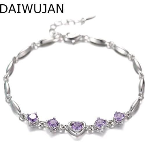 DAIWUJAN Korean Style AAA Zircon Chain Bracelet For Women Purple Crystal Heart Silver 925 Jewelry Wedding Party Gift Wholesale