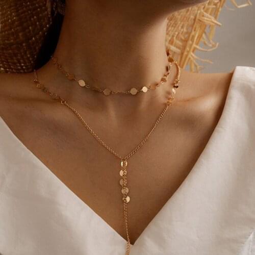 Tocona Elegance Gold Color Wafer Long Chain Necklace for Women Charming Multi-layer Simple Style Party Jewelry Gift 14125