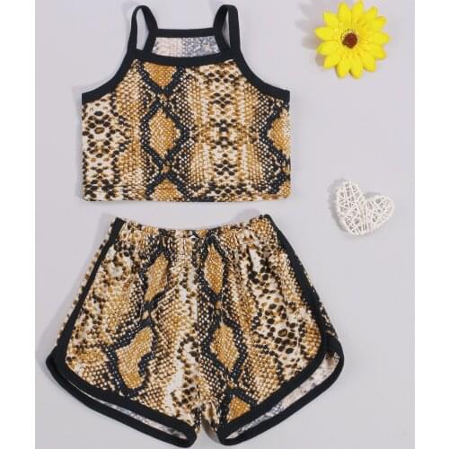 2Pcs Fashionable Little Girls Outfit Summer Toddlers Creative Snakeskin Grain Sleeveless Suspender Tops + Shorts Set 2021