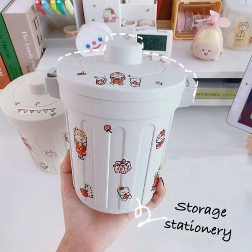 Korean Cute Desktop Trash Organizer Pen Holder Makeup Brush Storage Bucket With Lid Mini Storage Box Large Capacity Stationery