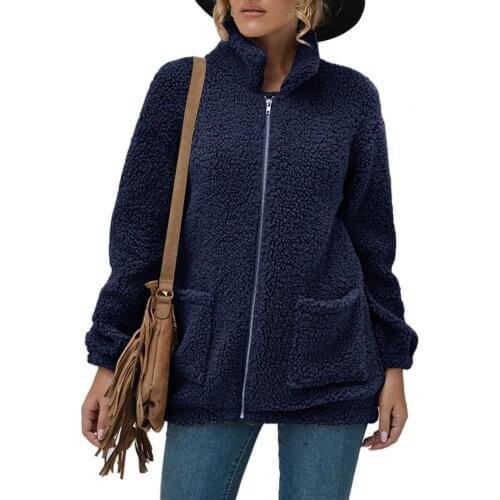 Women Jacket Long Sleeve Zipper Closure Fleece Jacket Two Pockets Stand Collar Warm Coats Cardigan Outerwear Autumn Winter