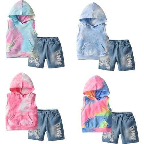 Summer Kids Boys Clothing Set Short Sleeve Hooded Sleeveless Tie-dyed T shirt+Holes Jeans Shorts Little Girl Clothes 1-5 Years