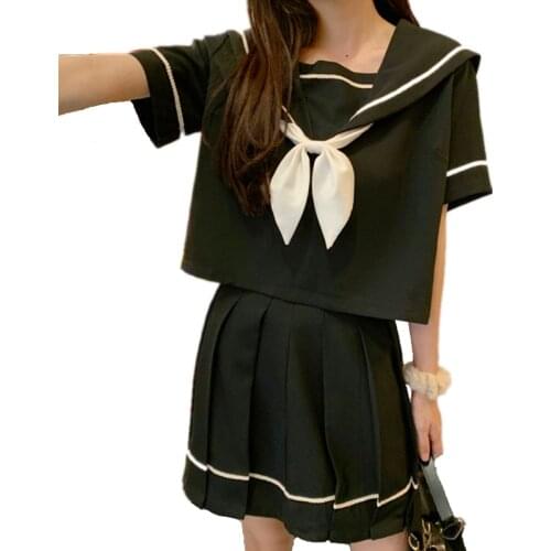 Summer JK Sweet Women Two Pieces Set Bow Tie Sailor Collar Short Blouse Mini Pleated Skirt Suit School Teenager Girls Tracksuit