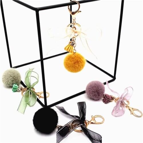 Cute plush keychain fur ball key chain tassel accessories simple bow tassel fur ball car key ring small jewelry gift