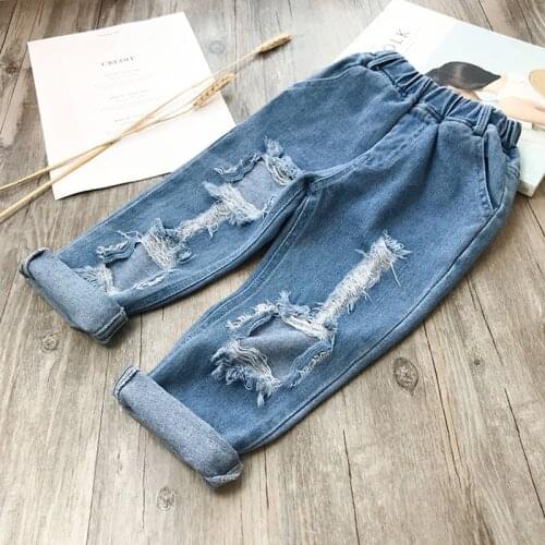New Fashion Boys Girls Jeans Spring Children Ripped Jeans Casual Kids Denim Pants Toddler Kids Clothes Jeans