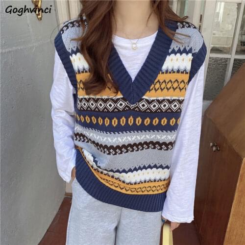 Fall V-neck Argyle Jacquard Sweater Vest Women Vintage Chinese Style Sleeveless Knitwear Sweaters Loose All-match Knitting Tops