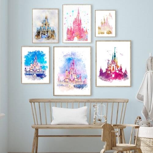 Princess Castle Fairy Tale Print Pink Watercolor Art Canvas Painting Picture Nordic Poster Daughter Gift Nursery Wall Decor