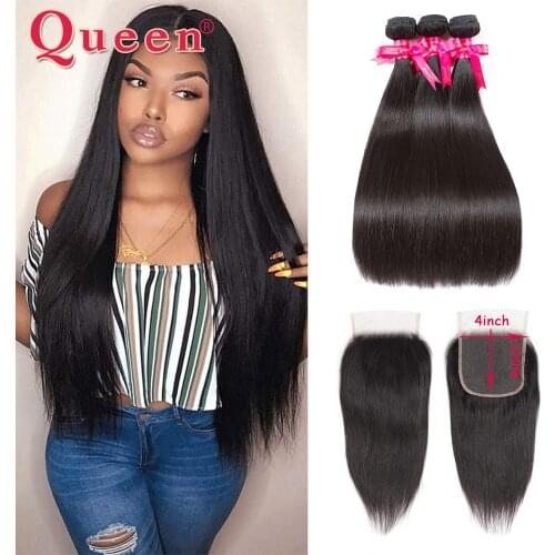Straight Bundles With Closure Remy Brazilian Hair Weave Bundles With Closure 100% Human Hair 3 Bundles With Closure QUEEN HAIR
