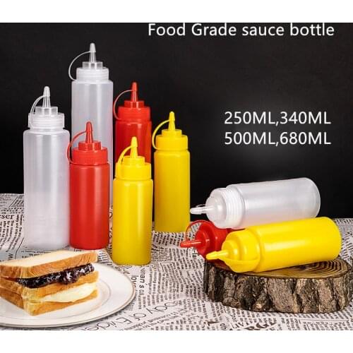 Empty sauce olive oil bottle squeeze squirt condiment bottles with twist on cap Food Grade PE contaier 250ML/500ML/680ML