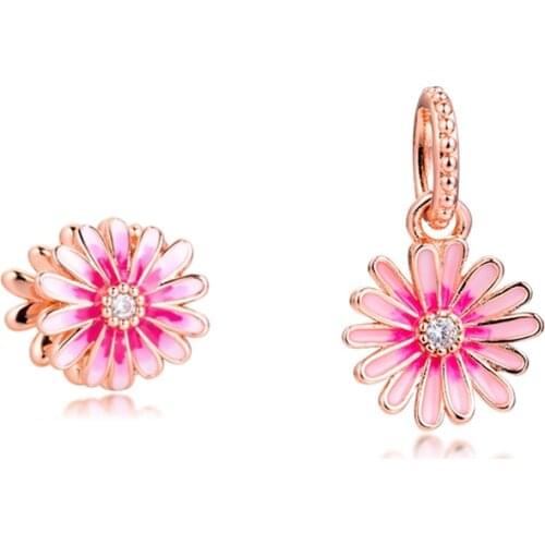 Pink Daisy Dangle Charm Set Rose Gold Jewelry DIY Woman Fashion Beads For Jewelry Making Fits Original Bracelets
