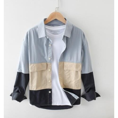 Men Spring Summer Fashion Korea Japan Style Simple Long Sleeve Patchwork Shirt Male Business Casual Vintage Blouse Harajuku Tops