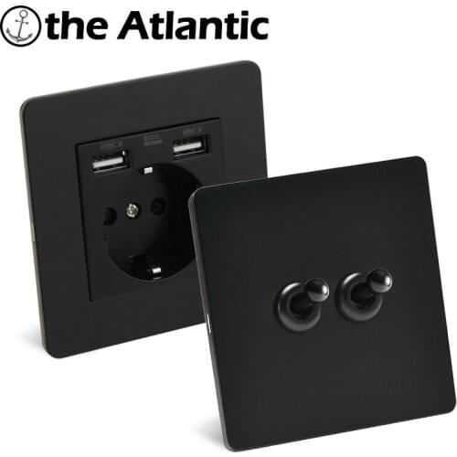 Toggle Light Switch Lever Retro Vintage Power Electrical Socket With USB Switches Outlet Wall Plug Black Stainless Steel