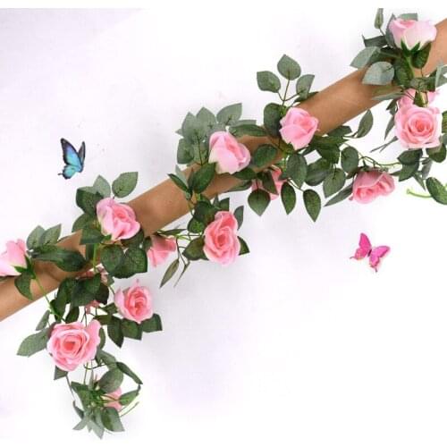 2.2m Silk Artificial Roses Flowers Rattan String Vine with Green Leaves For Home Wedding Garden Decoration Hanging Garland Wall