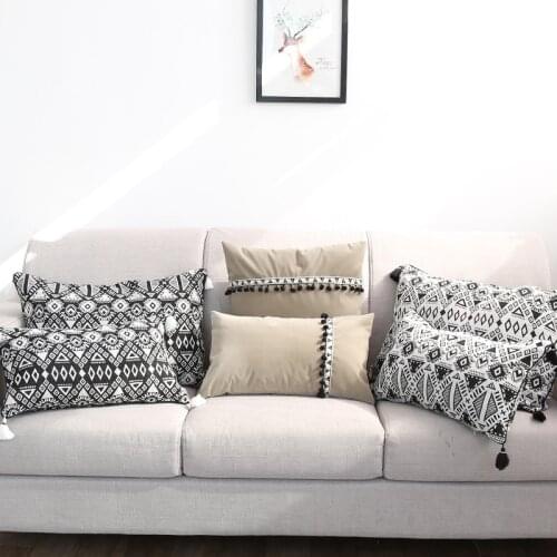 30x50/45x45cm light khaki cushion cover tassel fringes black white geometric pillow cover throw pillowcase sofa pillow case
