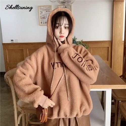 Shellsuning Womens Winter Letter Printing Plus Thick Velvet Sweatshirts Hoodies Fashion Korean Style Lamb Velvet Outwear