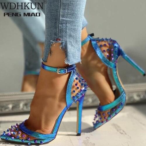 2020 New Sexy PVC Rivet Women Pumps Fashion Shoes Female Ankle Buckle Strap Ladies Party High Heels Shoes