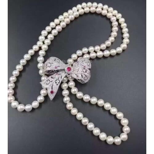 Wow! freshwater pearl white near round and knotbow pendant necklace 8-9mm 40inch beads