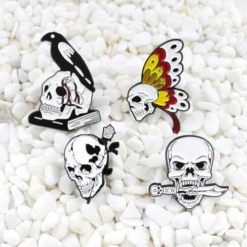 Darkness Gothic Skeleton rose butterfly wings Half skull half woman face brooch Skeleton book crow Knife in the mouth badge