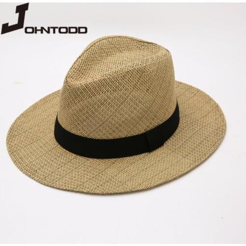 2021 New Summer Women Black Band Wide Brim Straw Jazz Hat Male Female Panama Hat Beach Cap Unisex Flat Brim Travel Beach Fedoras