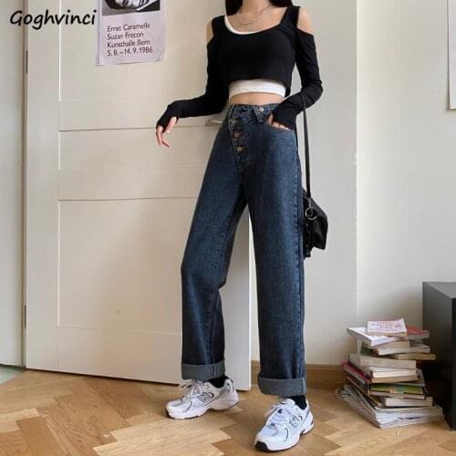 Jeans Women Straight Irregular Button Fly Mopping Chic Fashion Streetwear High Waist Teens BF Loose Ins Stylish Ulzzang Kpop New