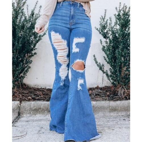 Plus Size Jeans Women High Quality Temperament Commute High Waist Ripped Flared Pants Hole Sexy Solid Casual Denim Trousers