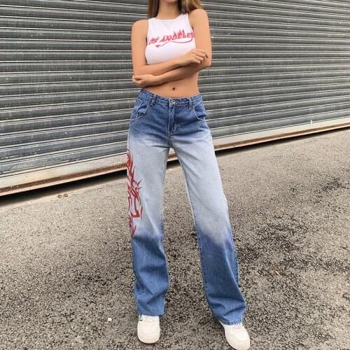 Women Summer Straight-leg Jeans Adults Summer Printed Gradient Trousers with Pockets (Blue)