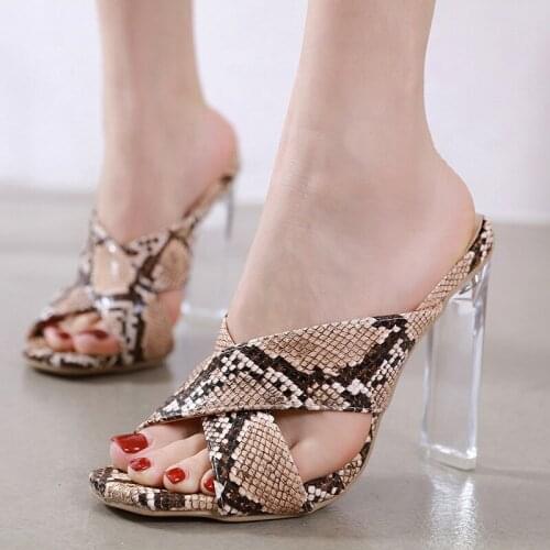 Women sandals PU Slip On 12cm Thin Heels High heels Square Toe Shallow Serpentine women shoes sandalias mujer 2020 size 35-42