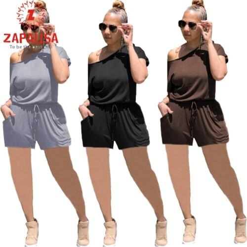 Women Summer Solid Color Playsuits Drawstring Design Pockets Decor Inclined Collar Short Sleeve Mid Waist Casual Loose Jumpsuits