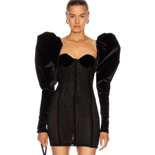 High Quality Autumn New Full Sleeve Wave Shape Black Velvet Fall Winter Mini Dress For Women Vestidos Birthday Evenin