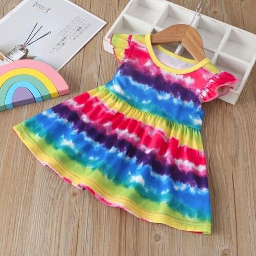 2021 New Summer Baby Girls Dress Toddler Girls Princess Dress Kids Baby Party Wedding Flying Sleeve Colorful Raindrop Dresses