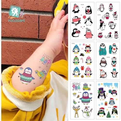 6sheet/Set Cartoon Christmas Cute Penguin Temporary Tattoo Holiday Party Fake Waterproof For Children Animal Tattoo Sticker
