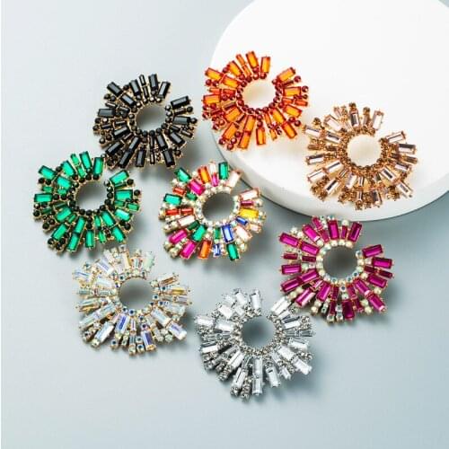8 Color Rhinesrone Flower Statement Earrings for Woman Party Clothings Accessories