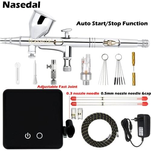 Nasedal NT-24W 0.2mm Dual-Action Auto-Stop Airbrush Compressor 9cc 0.3mm 0.5mm Spray Gun for Model Makeup Nail Art Cake Car