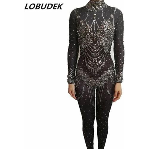 Sparkly Big Glass Diamond Jumpsuit Gray Black Stretch Elastic Bodysuits Sexy Nightclub Women DJ Singer Stage Wear Party Costumes