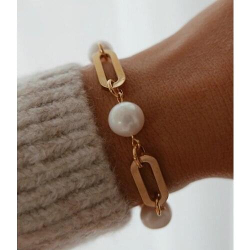 18K Gold Plated Stainless Steel Baroque Freshwater Bracelets For Women 12mm Wide Oval Chain Chunky Bracelets