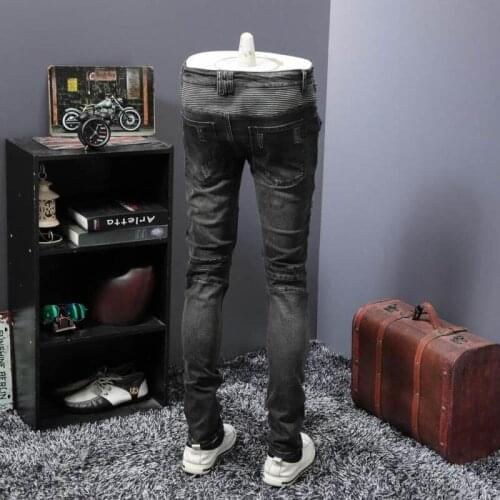 Vintage Ripped Hole Jeans Men Classic Pleated Slim Fit Denim Biker Trousers Street Style Hip Hop Jean Pants Denim Overalls Male