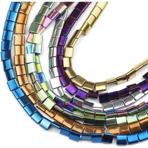 HGKLBB Plated Natural Stone Two Holes Gold Black Hematite Beads 5x5mm Square Spacer Loose Beads for Jewelry Making DIY bracelets