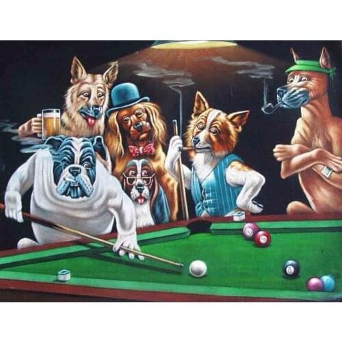 J015 Dogs Playing Billiards All Joke Animal Silk Poster Wall Sticker Decoration Gift