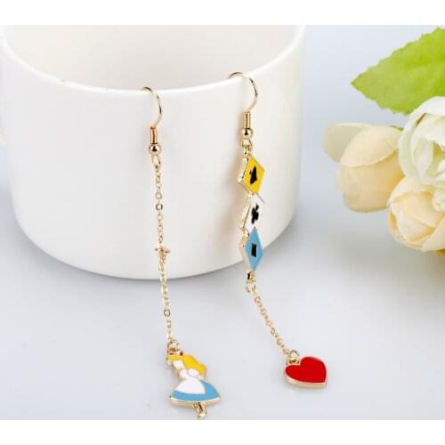 Cute Fashion Womens Earring Anime Cute Enamel Alice Wonderland Princess Love Heart Bunny Asymmetric Bangles Earrings Girl Gift